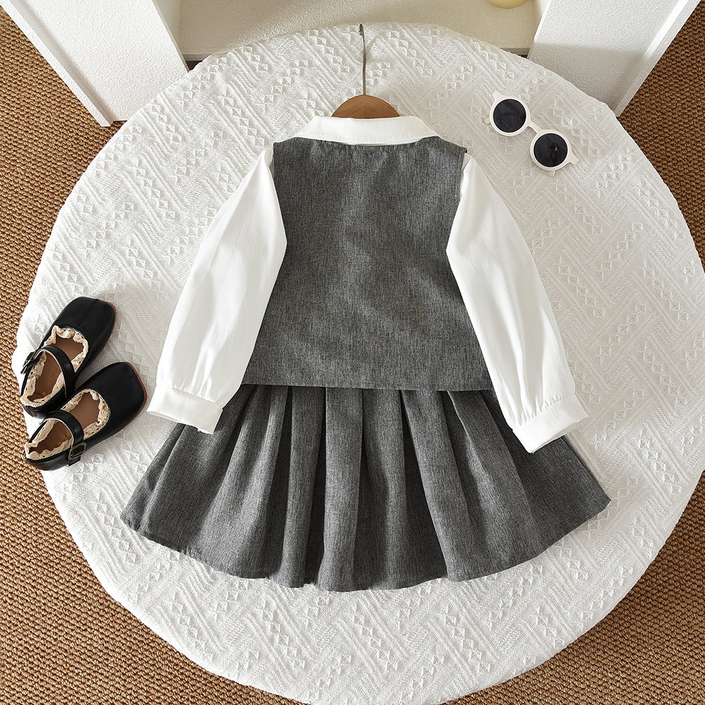 Girls' Blouse+Vest+Pleated Skirt 3pcs Fashion Set