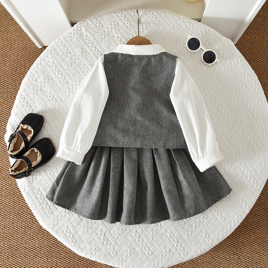 Girls' Blouse+Vest+Pleated Skirt 3pcs Fashion Set
