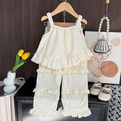 Girls' Bow-knot Sun-top+Ruffle Pant Set