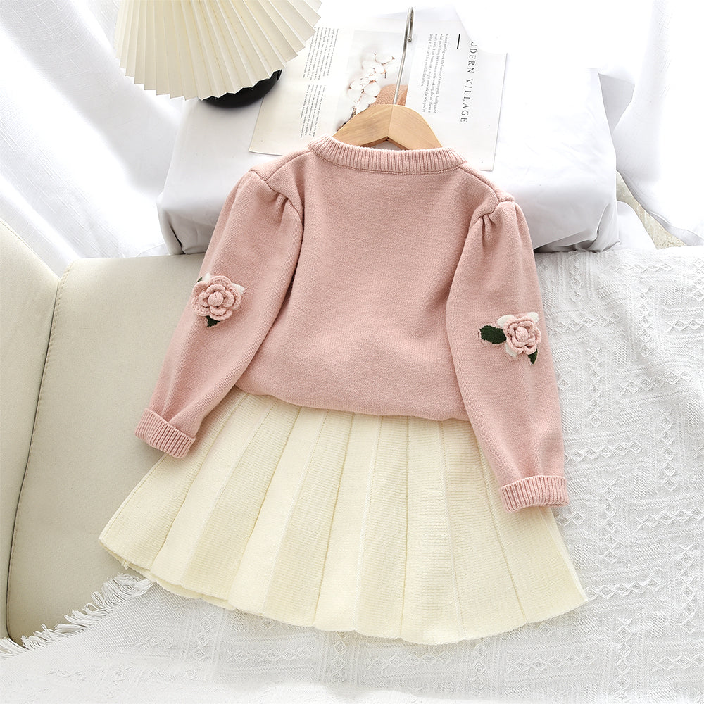 Girls' 3d Flowers Knitted Cardigan+Skirt 2pcs Sweater Set