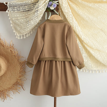 Girls' Stripes Patchwork Dress+Coat Casual Set
