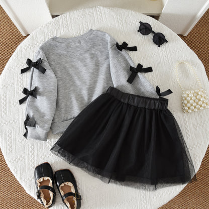 Girls' Bow Sweatshirt+Mesh Skirt Fashion 2pcs Set