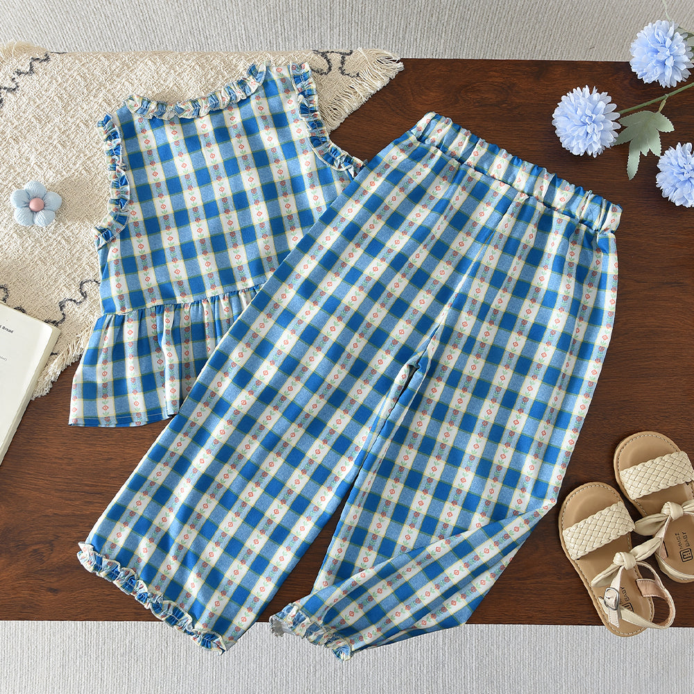 Floral Plaid Pattern Contrasting Colors Ruffle Girls' Summer Cute Set