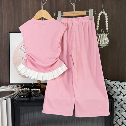 Wrinkle Bow Ruffle Vest+Wide Leg Trousers Elegant Girls' Set