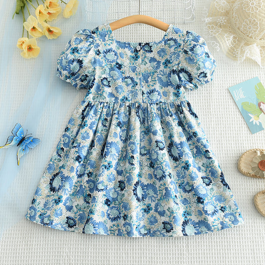 Girls' Floral Prints Art Blue Casual Dress