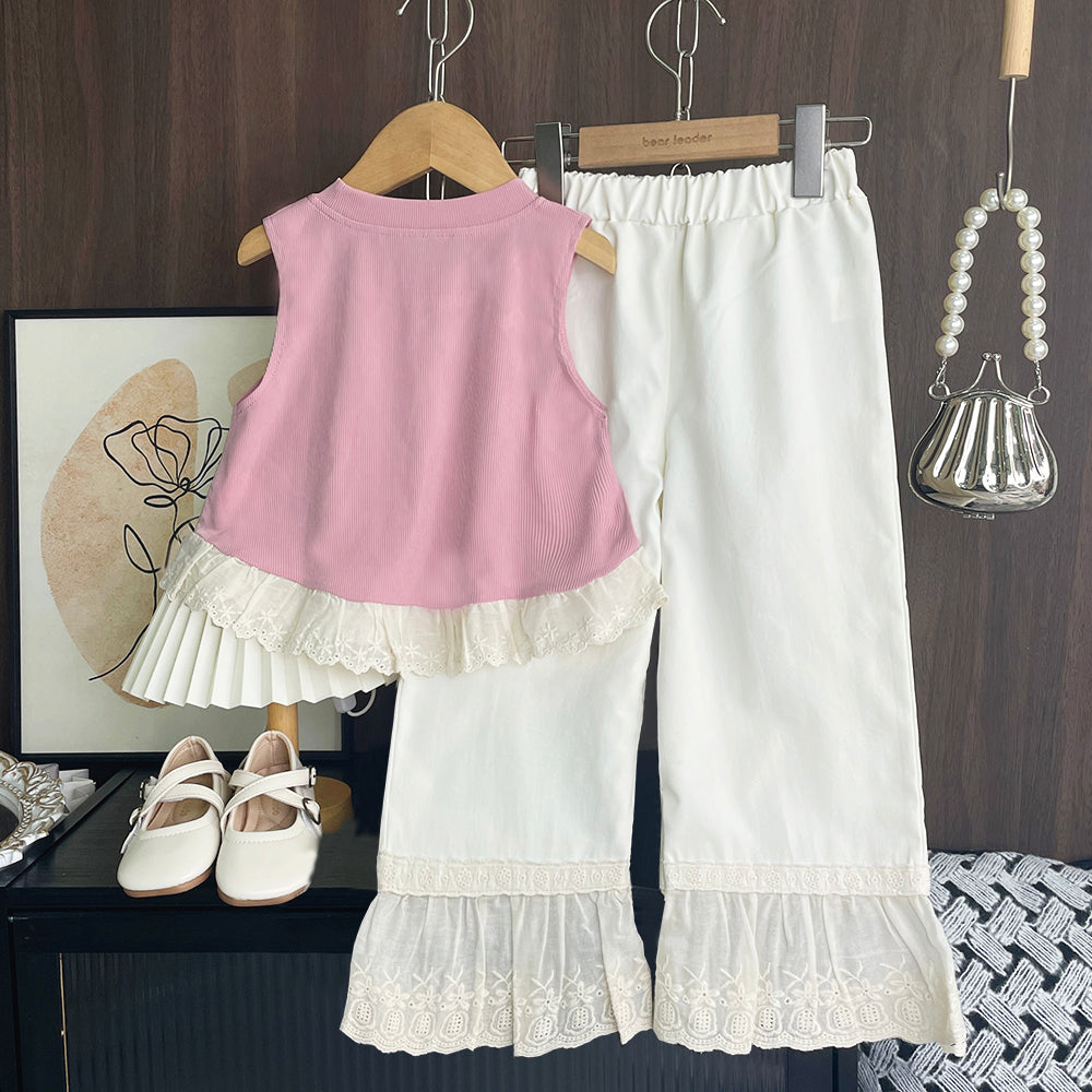 Girls' Bow-knot Lace Top+Trousers Princess Set