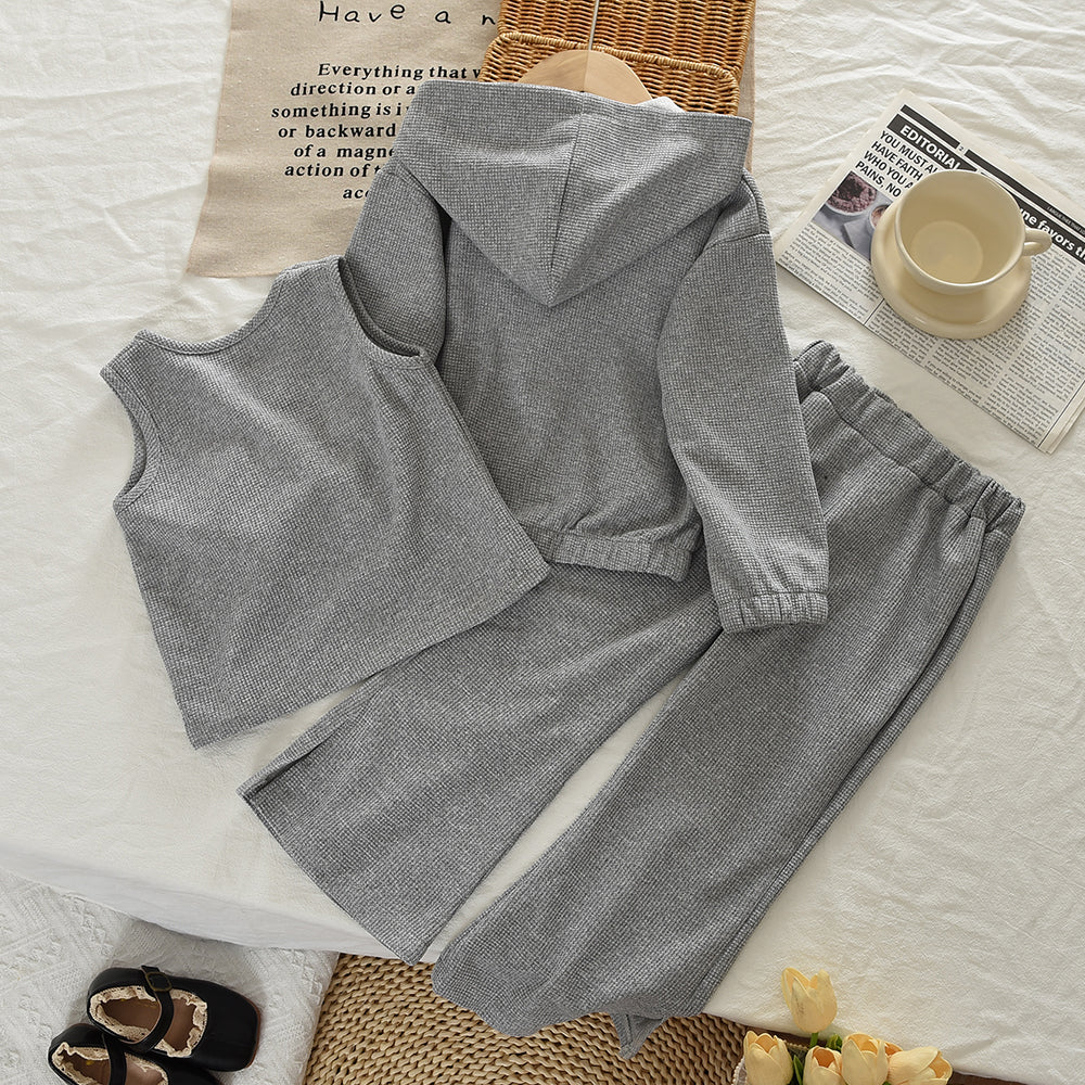 Hooded Sweat Jacket+Vest+Flared Trousers 3pcs Kpop Girls' Casual Set