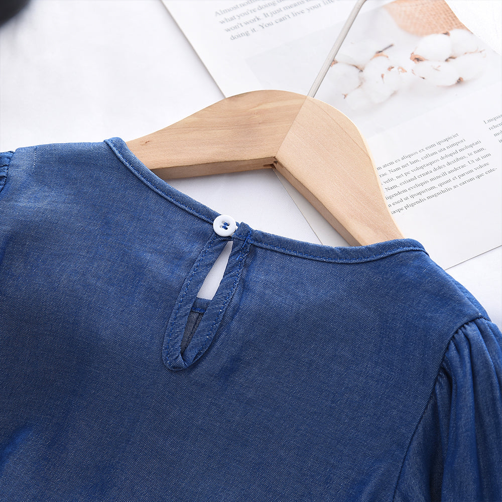 Girls' Bow-knot Fake Denim Ruffle Blouse