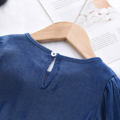 Girls' Bow-knot Fake Denim Ruffle Blouse
