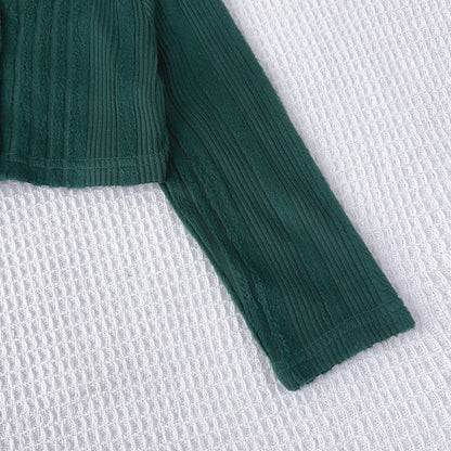 Girls' Color Blocking Plaid Dress+Bow Cardigan 2pcs Christmas Outfit