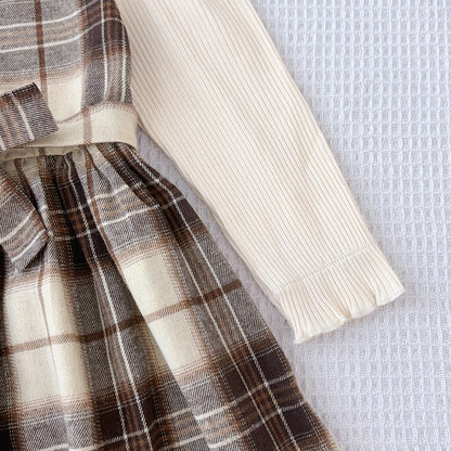 Girls' Plaid Patchwork Dress Free Hat