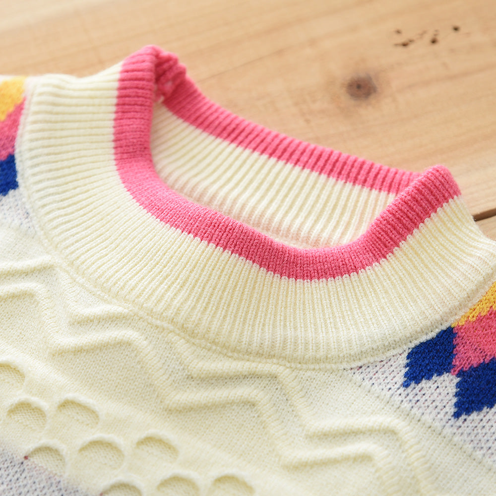 Girls' Colorful Geometry Pattern Knitted Top+Skirt Sweater Set