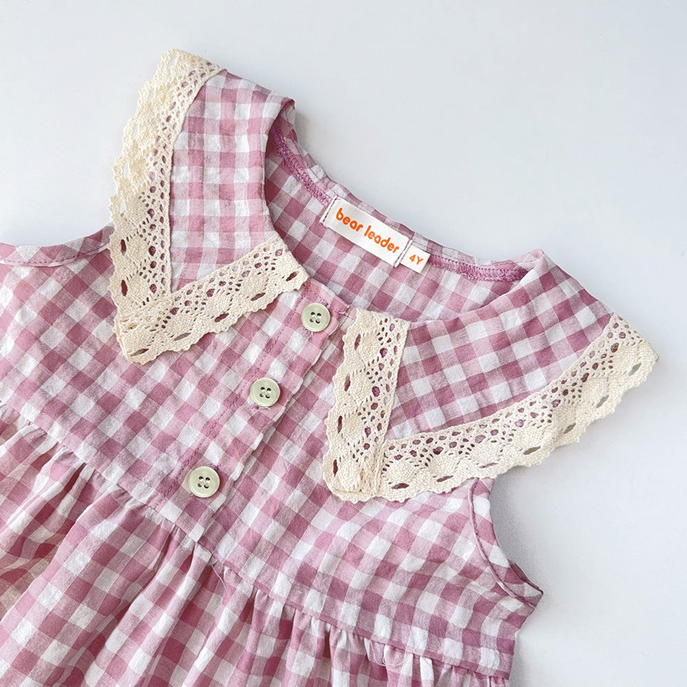 Girls' Plaid Pattern Lace Dress