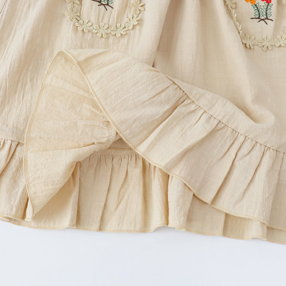 Girls' Floral Embroidery Pockets Cotton Dress