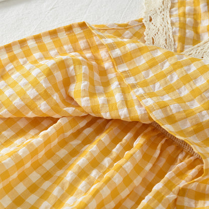 Lace Collar Plaid Sleeveless Shirt+Shorts Kid Girls' Cute Set