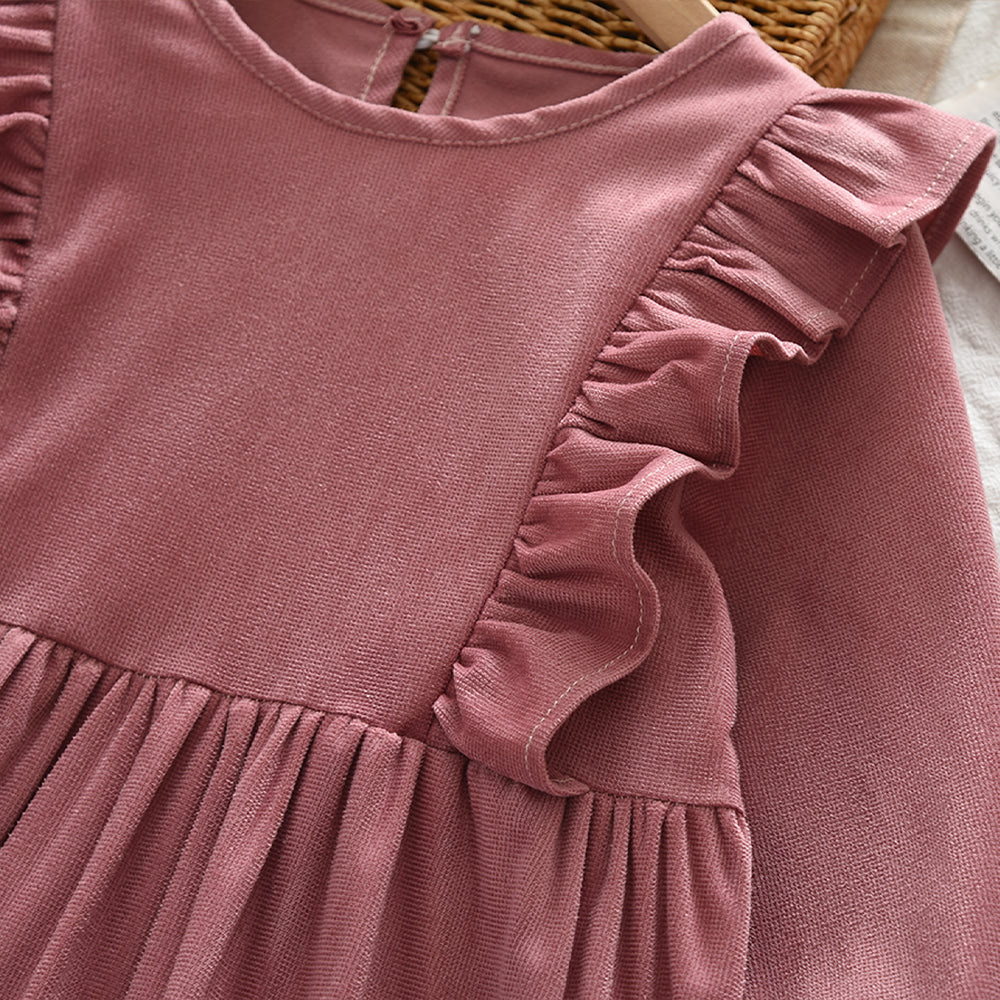 Long Sleeve Ruffle Girls' Dress Pink Casual Outfit