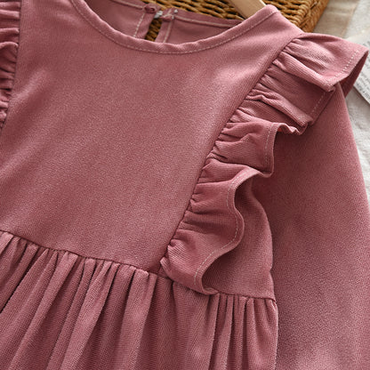 Long Sleeve Ruffle Girls' Dress Pink Casual Outfit