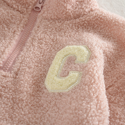 Girls' Letter Patch Zip Top+Trousers Fluffy Casual Set