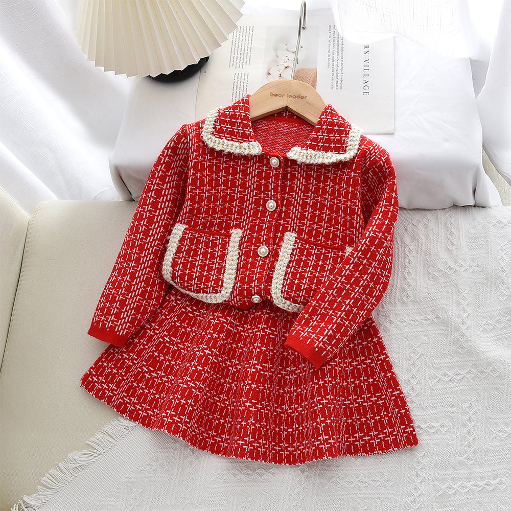 Girls' Plaid Pattern Knitted Cardigan+Skirt 2pcs Set