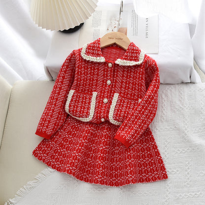 Girls' Plaid Pattern Knitted Cardigan+Skirt 2pcs Set