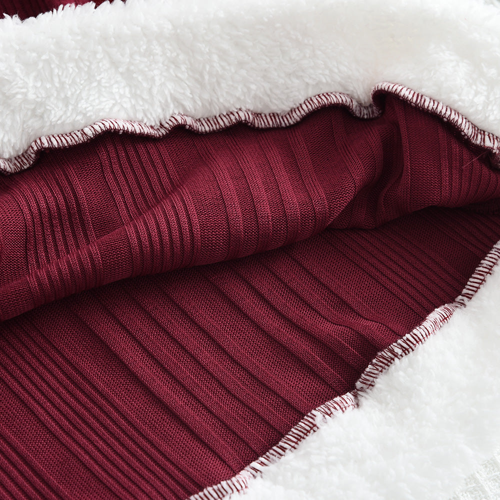 Girls' Wine Red Christmas Outfit Fluffy Patchwork Dress+A free beret