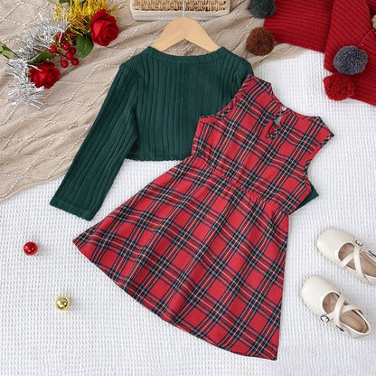 Girls' Color Blocking Plaid Dress+Bow Cardigan 2pcs Christmas Outfit