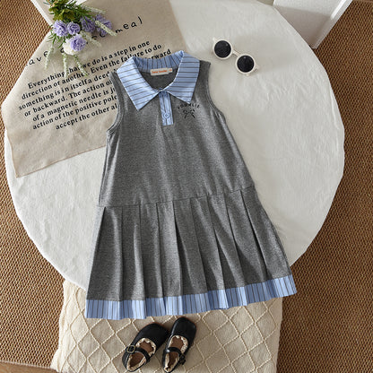 Stripes Shirt Patchwork Casual Dress Cute Letter Girls' Pleated Dress
