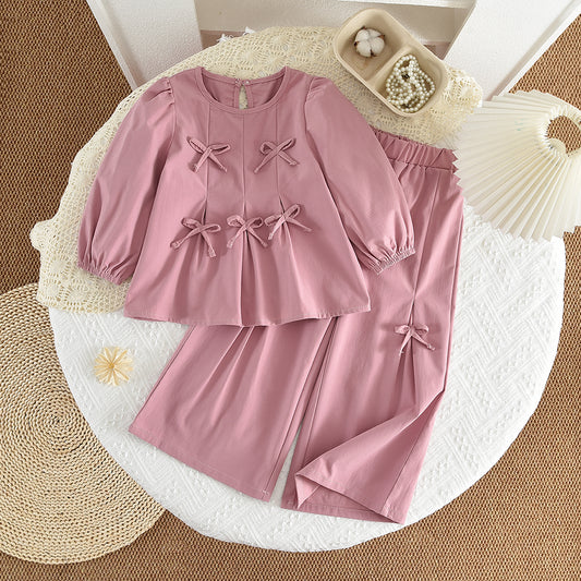 Girls' Long Sleeve Bow-knot Casual Set