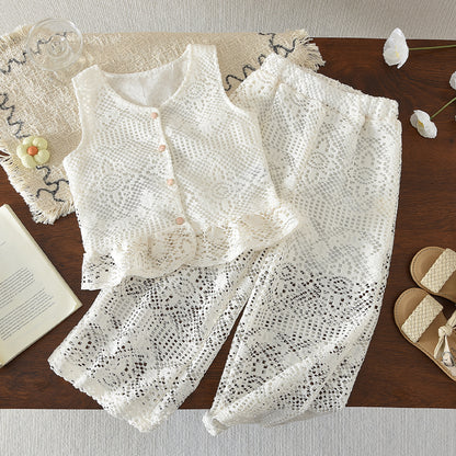 Geometric Pattern Hollow-out Vest+Pants Girls' Fashionable Summer Outfit