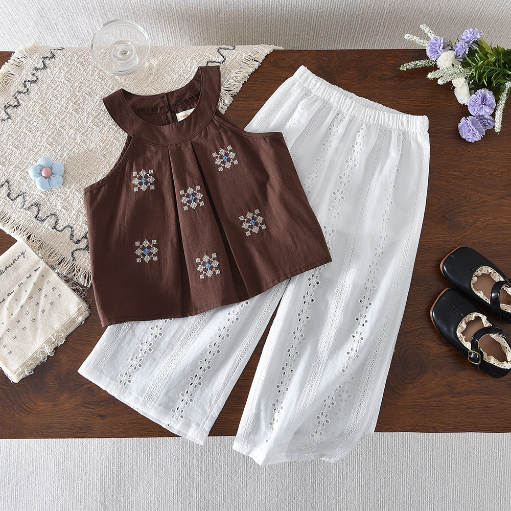 Geometry Embroidery Sun-top Floral Pants Ethnic Style Girls' Vacation Set