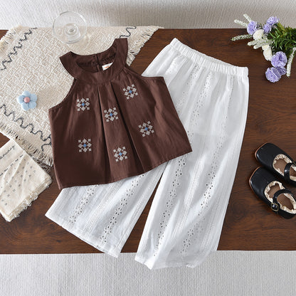 Geometry Embroidery Sun-top Floral Pants Ethnic Style Girls' Vacation Set