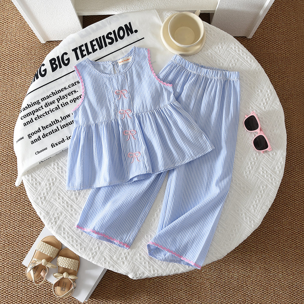 Cute Bow Embroidery Vest+Pants Stripes Girls' Summer Set