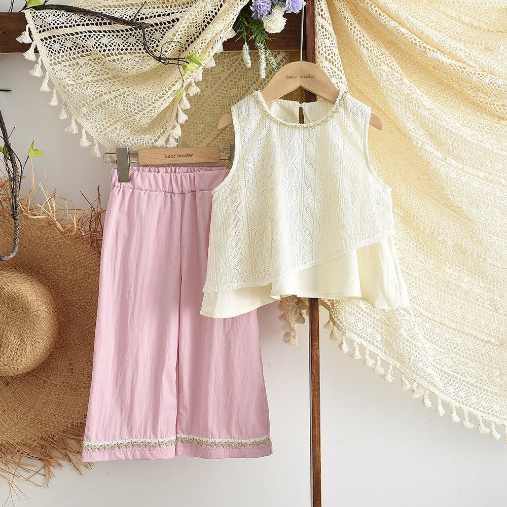 Lace Mesh Patchwork Top+Wide Leg Pants Ethnic Style Girls' Vacation Set