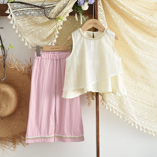 Lace Mesh Patchwork Top+Wide Leg Pants Ethnic Style Girls' Vacation Set