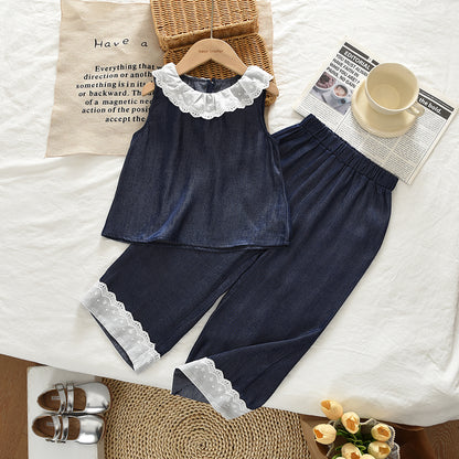 Lace Sleeveless Shirt+Trousers 2pcs Girls' Fashion Set