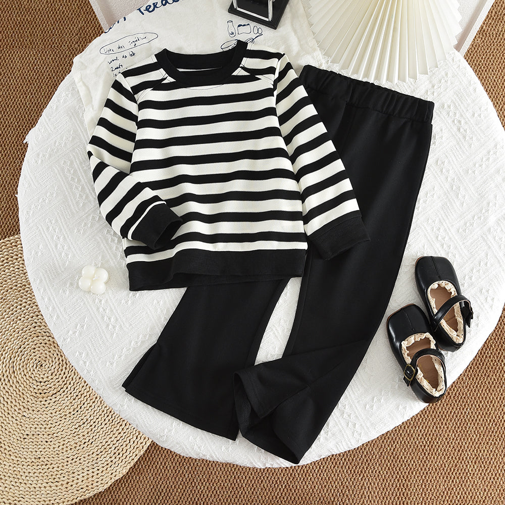 Girls' Classic Stripes Sweatshirt Flared Pants Casual Set