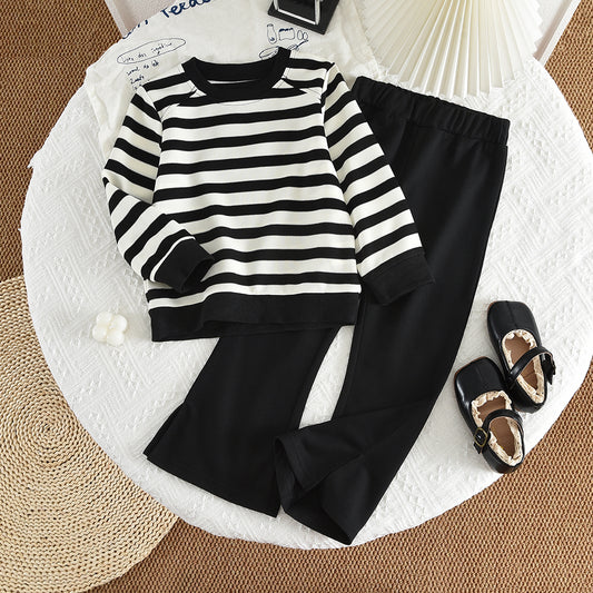 Girls' Classic Stripes Sweatshirt Flared Pants Casual Set