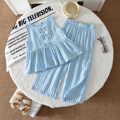 Bow Ruffle Vest+Pants Stripes Girls' Casual Set