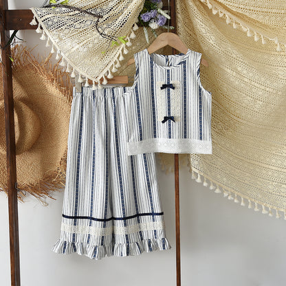Bow Lace Stripes Shirt+Ruffle Pants Girls' Stylish Summer Set