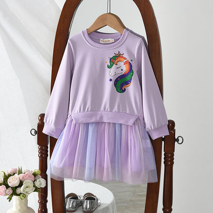 Girls' Cartoon Unicorn Patchwork Mesh Dress