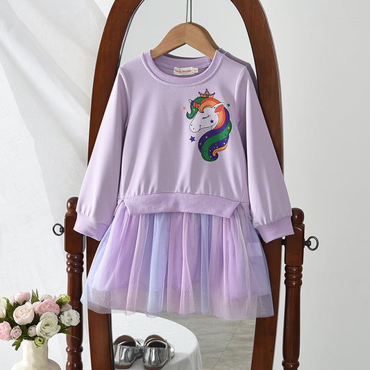 Girls' Cartoon Unicorn Patchwork Mesh Dress