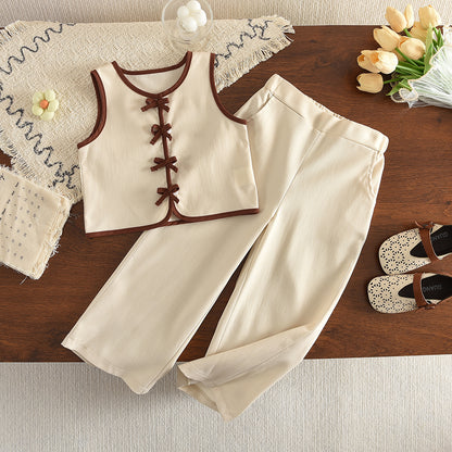Bow Vest+Trousers French Style Fashion Girls' Set