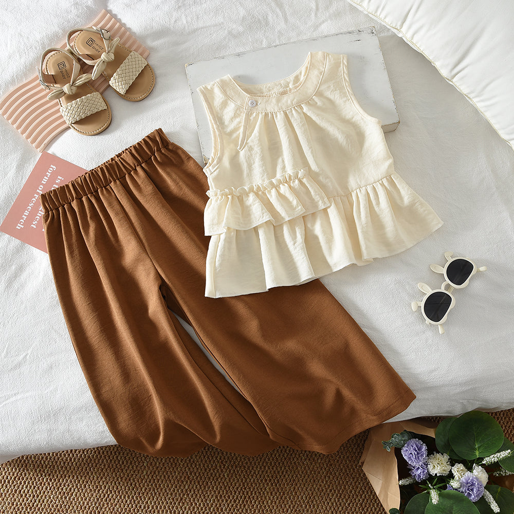 3-8 Year Girls' Ruffle Shirt Vest Wide Leg Pants Elegant Set