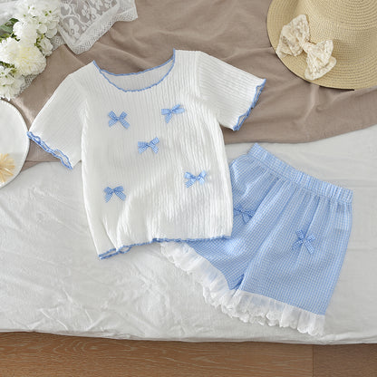 Girls' Bow-knot T-shirt+Plaid Shorts Pajamas Set
