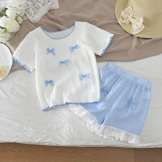 Girls' Bow-knot T-shirt+Plaid Shorts Pajamas Set
