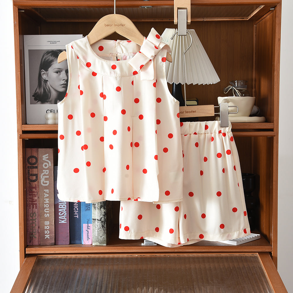Polka Dots Bow Sleeveless Shirt+Shorts Kid Girls' Casual Set