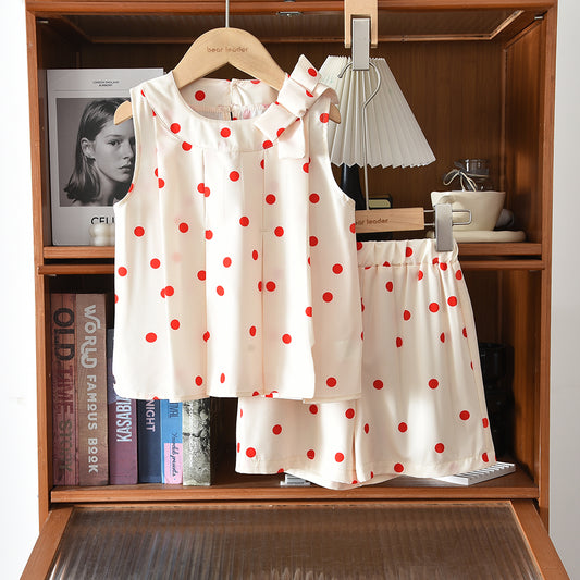 Polka Dots Bow Sleeveless Shirt+Shorts Kid Girls' Casual Set