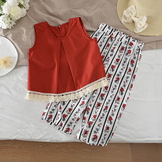 Girls' Tassels Top+Floral Printing Trousers Set