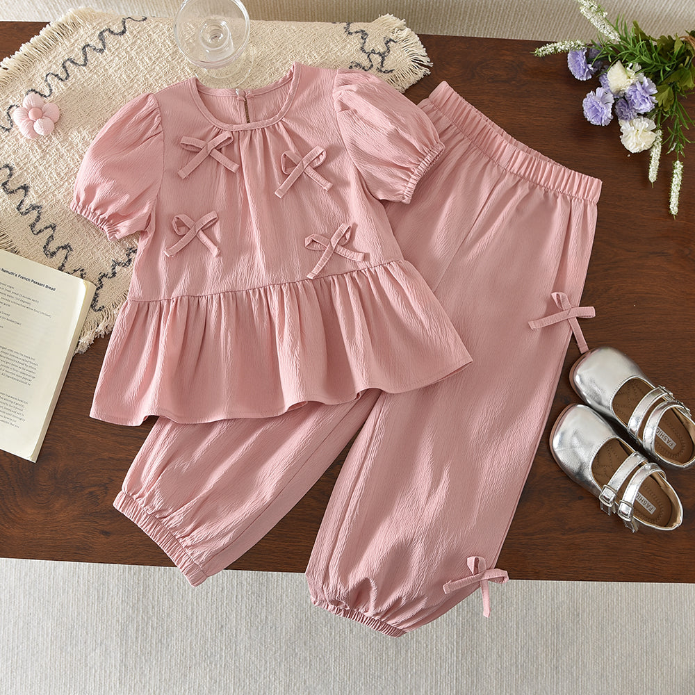 Puffy Sleeve Ruffle Shirt+Bow Lantern Pants Girls' Cute Summer Outfit