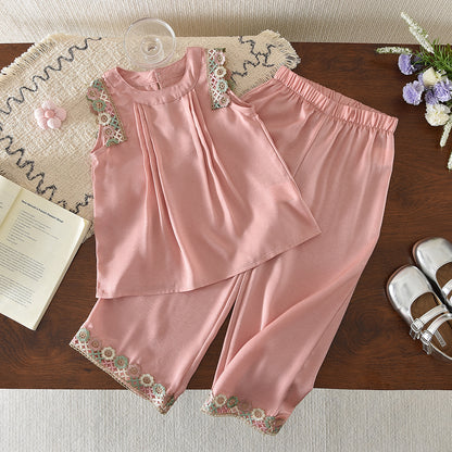 Ethnic Floral Lace Vest+Wide Leg Pants Girls Summer Set